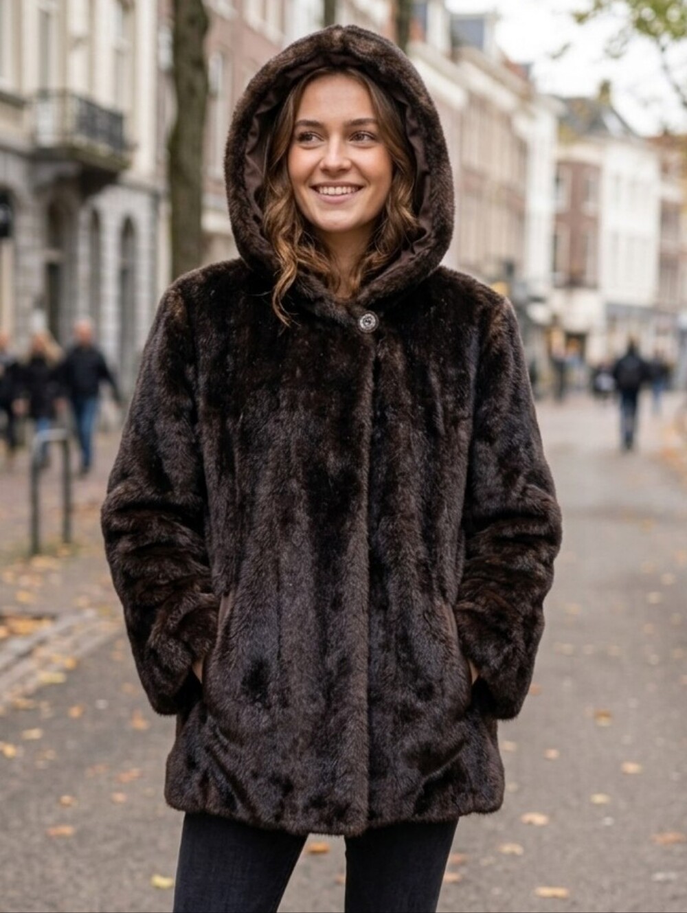 Anne Klein Faux Fur Chocolate Brown Hooded Coat Womens Large Mobwife Lux